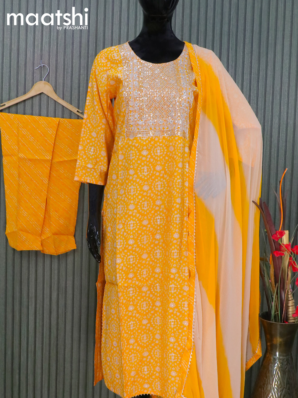 Modal readymade salwar suits mango yellow with allover prints & sequin work neck pattern and straight cut pant & chiffon dupatta