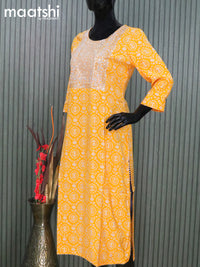 Modal readymade salwar suits mango yellow with allover prints & sequin work neck pattern and straight cut pant & chiffon dupatta