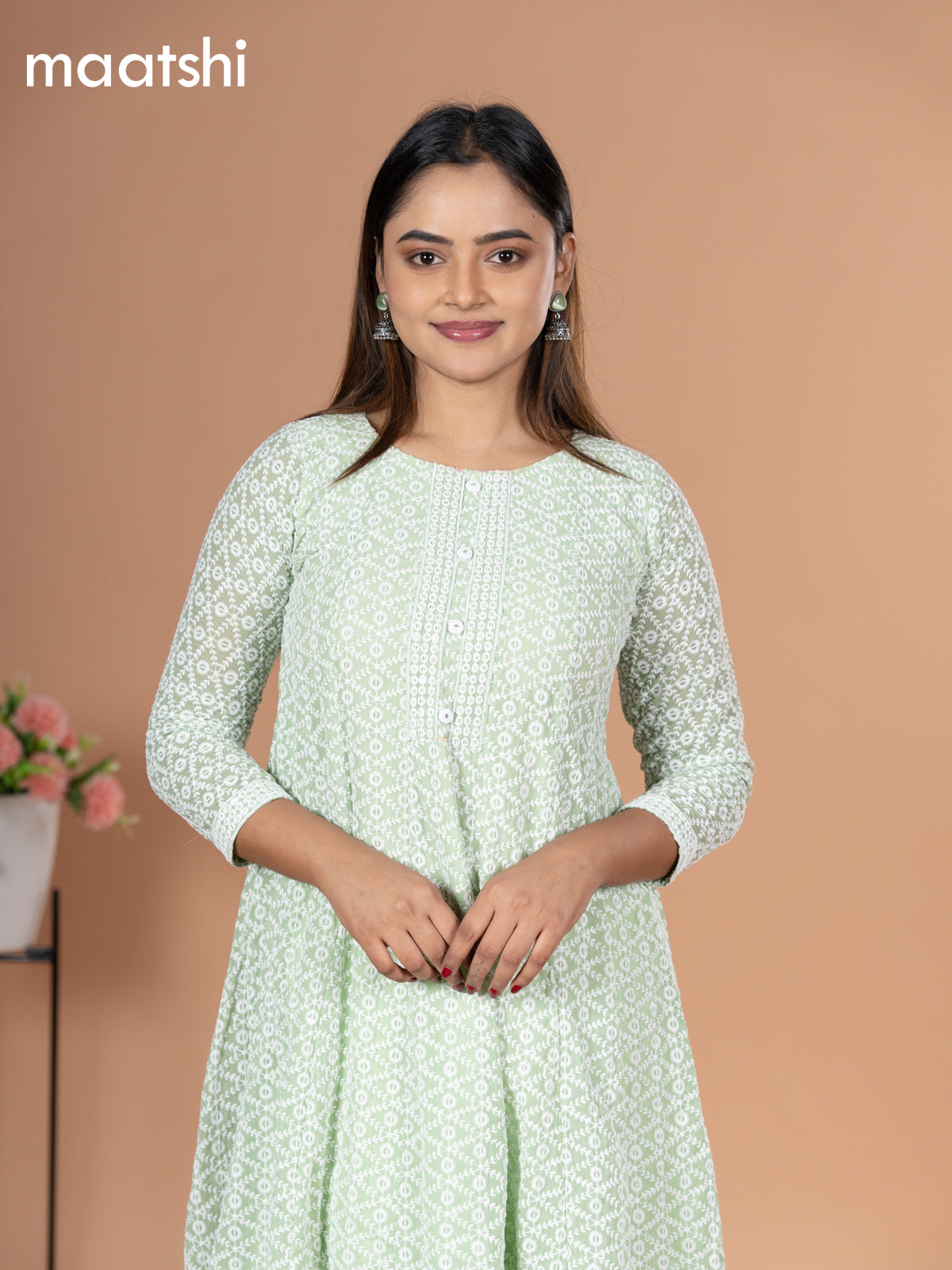 Georgette readymade anarkali kurti pastel green with allover chikankari work & simple neck pattern and without pant