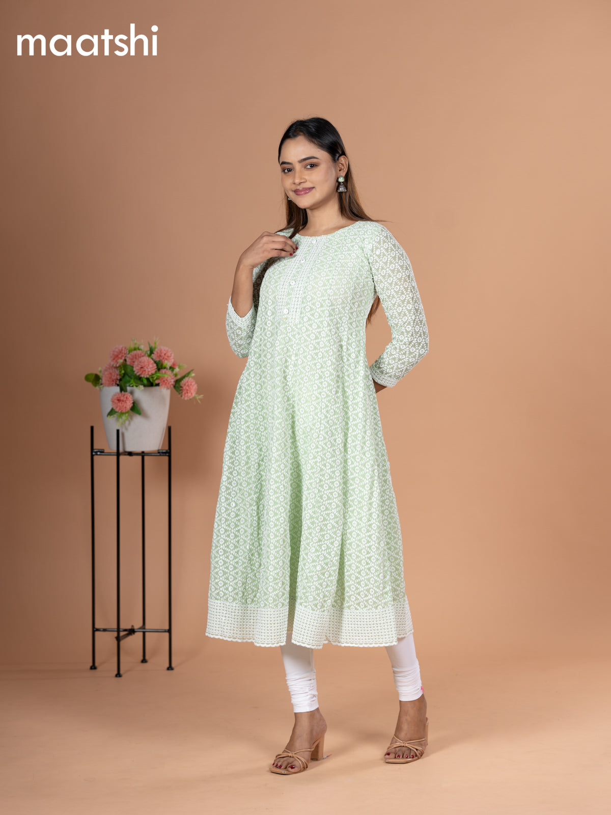 Georgette readymade anarkali kurti pastel green with allover chikankari work & simple neck pattern and without pant