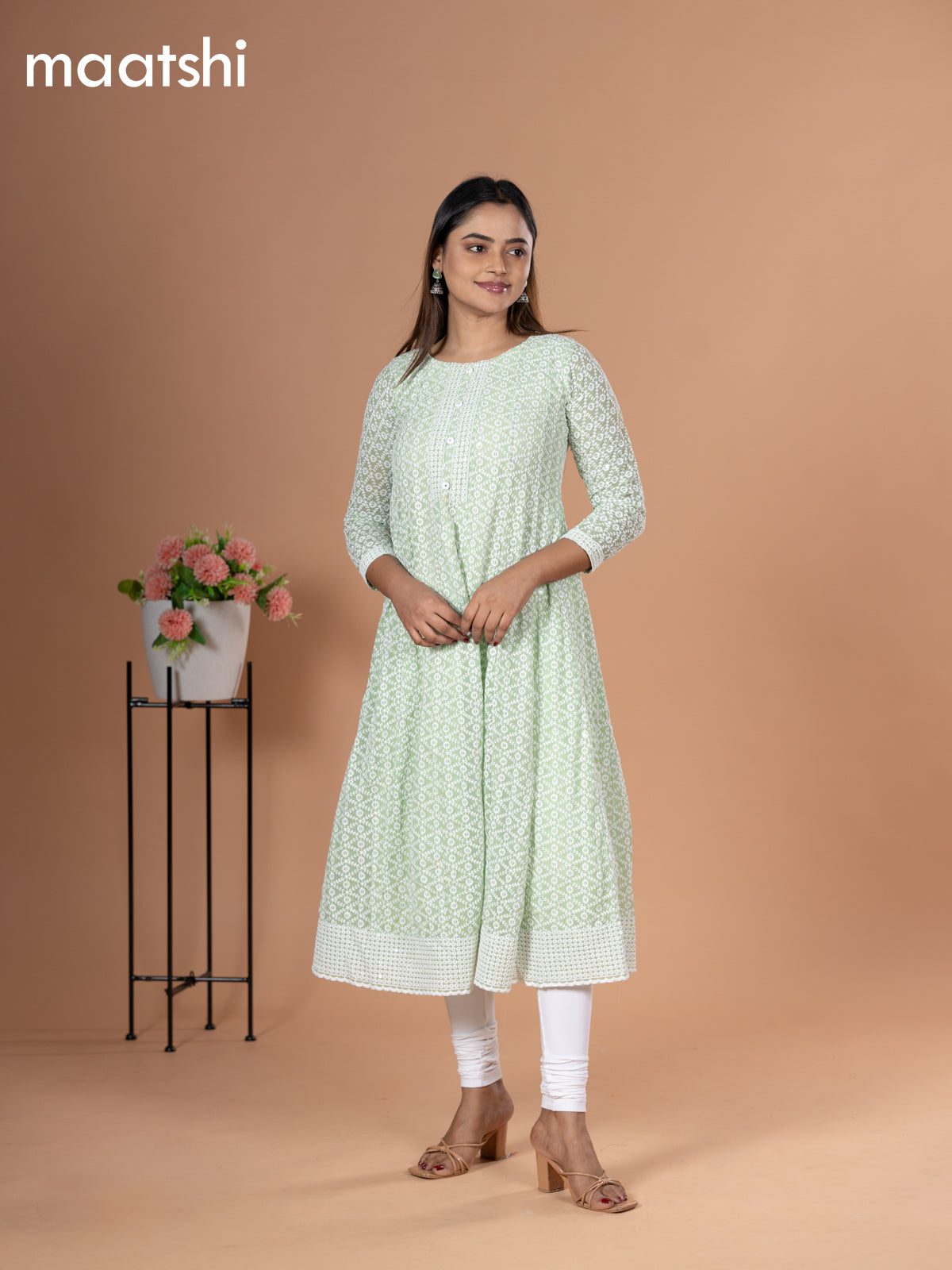 Georgette readymade anarkali kurti pastel green with allover chikankari work & simple neck pattern and without pant