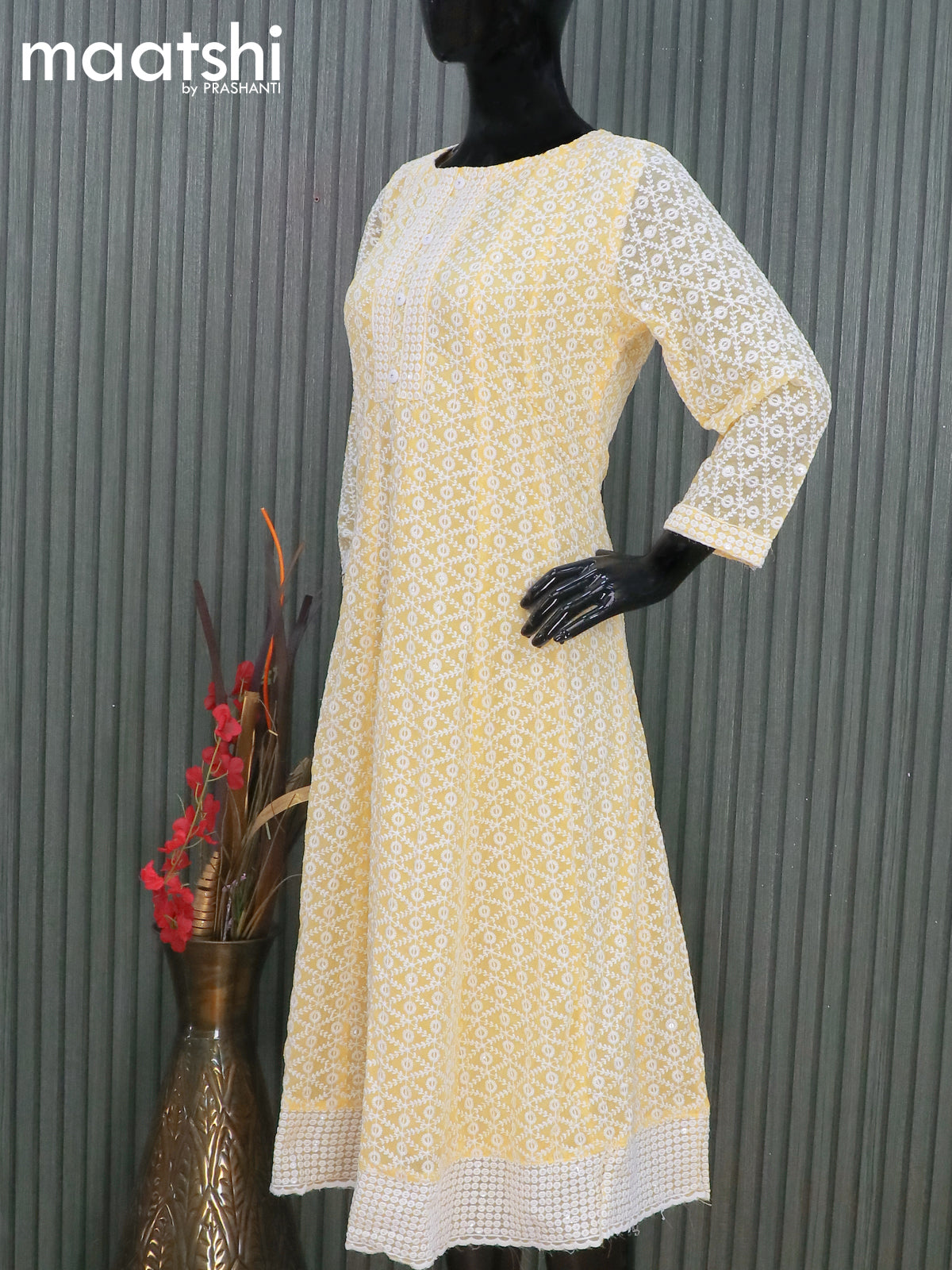 Georgette readymade anarkali kurti pale yellow with allover chikankari work & simple neck pattern and without pant