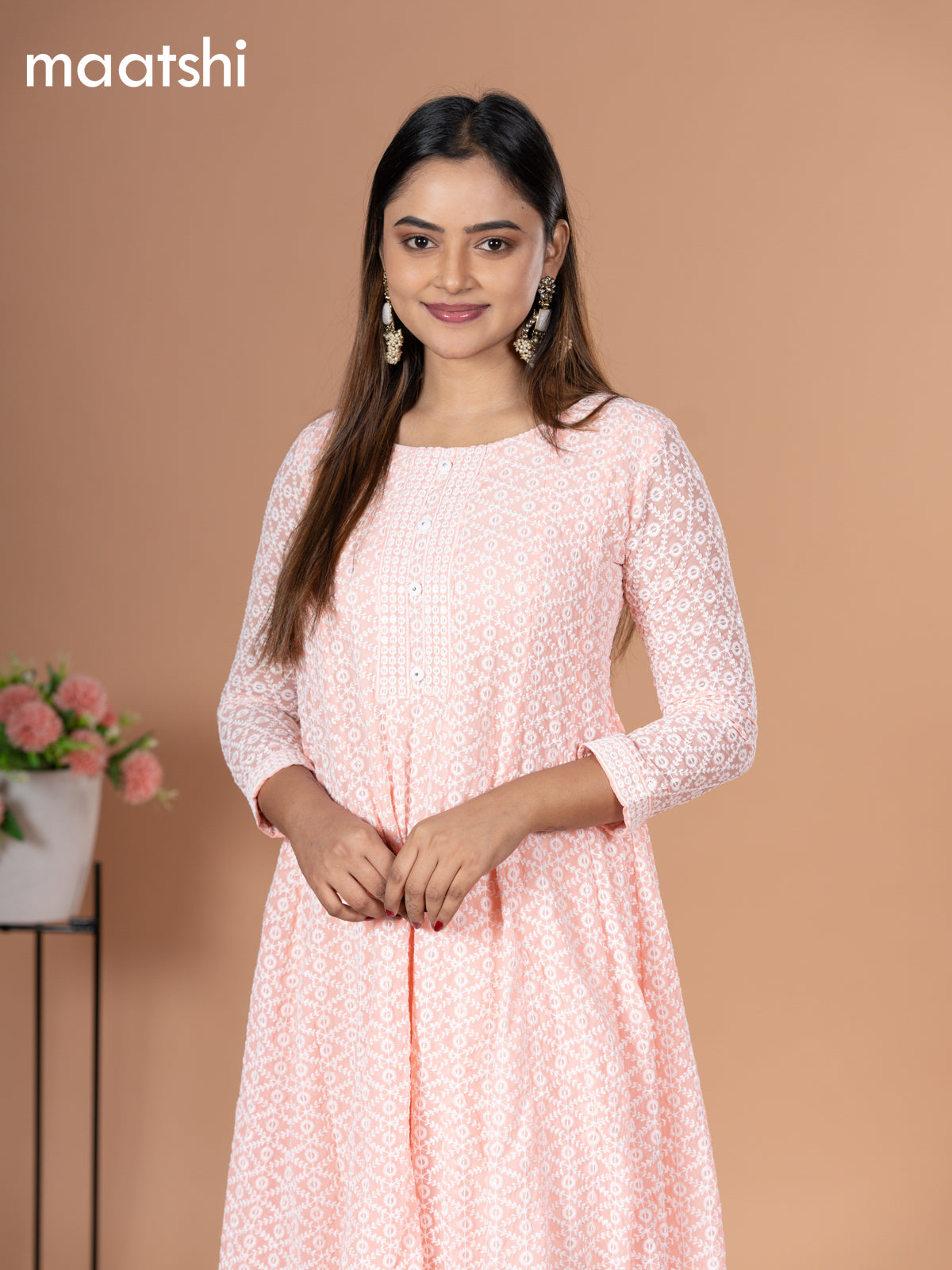 Georgette readymade anarkali kurti peach shade with allover chikankari work & simple neck pattern and without pant