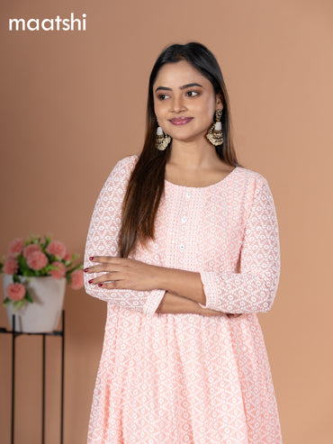 Georgette readymade anarkali kurti peach shade with allover chikankari work & simple neck pattern and without pant