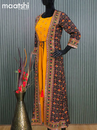 Cotton readymade party wear kurti mustard yellow and black with ikat prints & sequin work coat type pattern and without pant