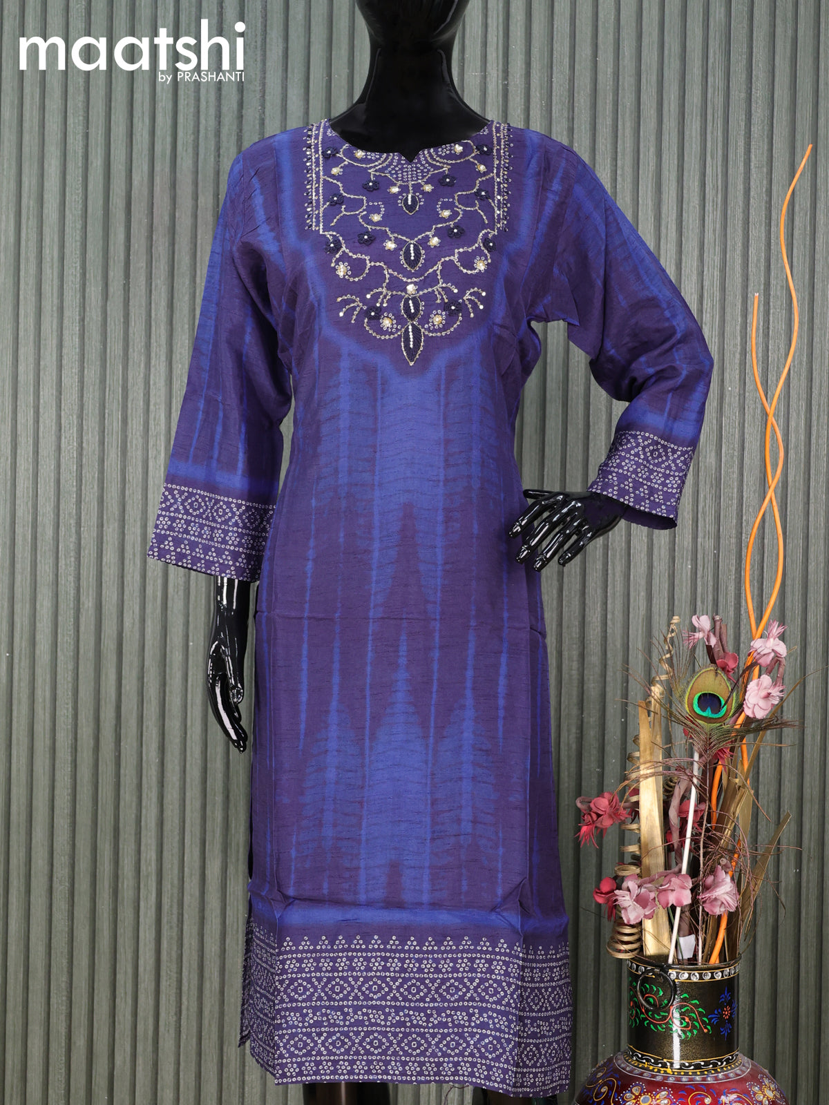 Pure muslin silk readymade kurti blue  with tie and dye prints & sequin work neck pattern and without pant