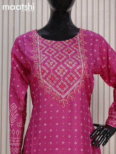 Pure muslin silk readymade kurti pink  with allover bandhani prints & sequin work neck pattern and without pant