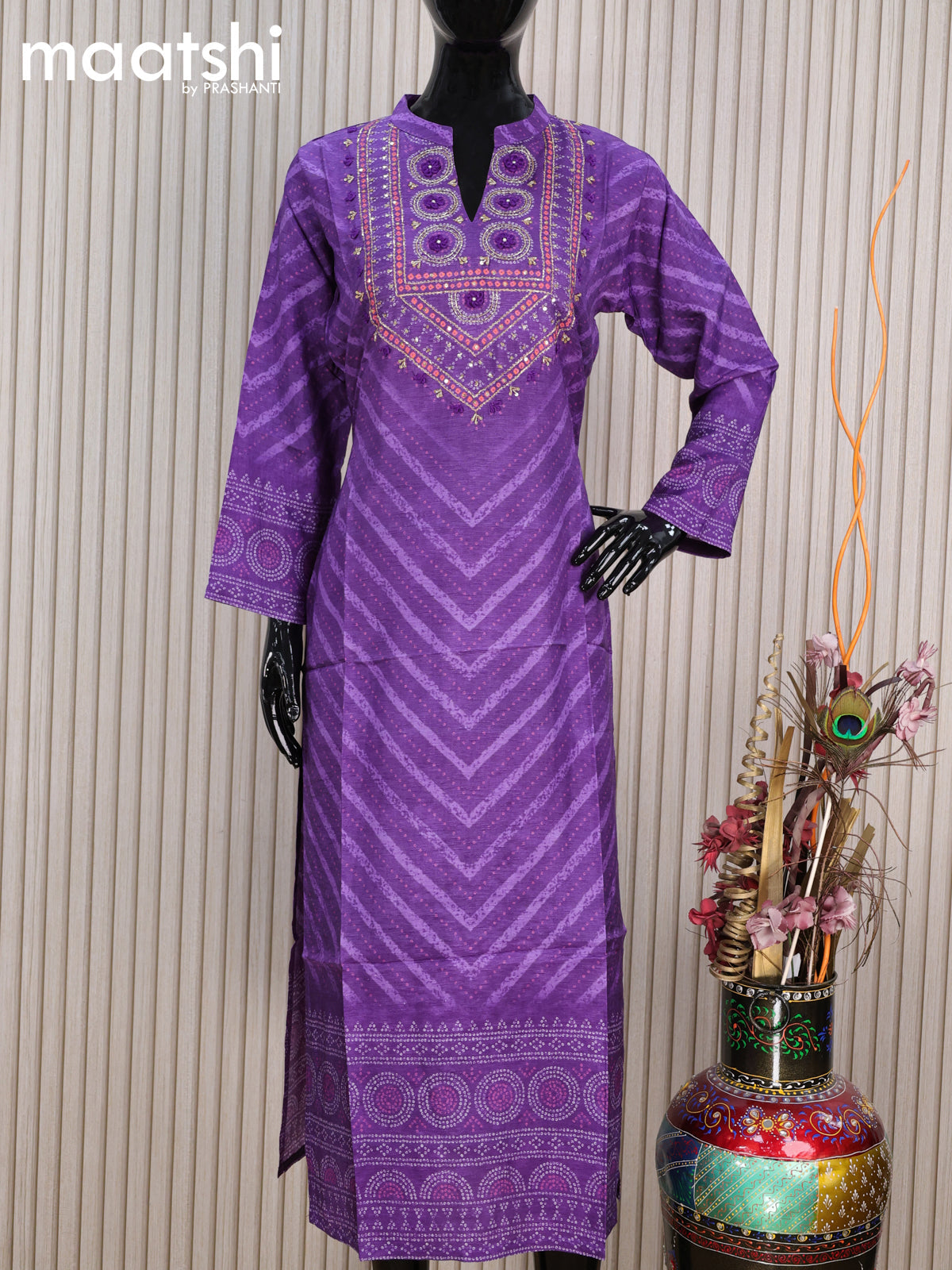 Pure muslin silk readymade kurti violet  with allover bandhani prints & sequin work neck pattern and without pant