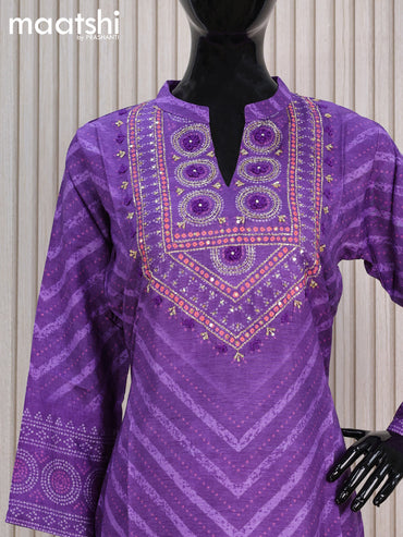 Pure muslin silk readymade kurti violet  with allover bandhani prints & sequin work neck pattern and without pant