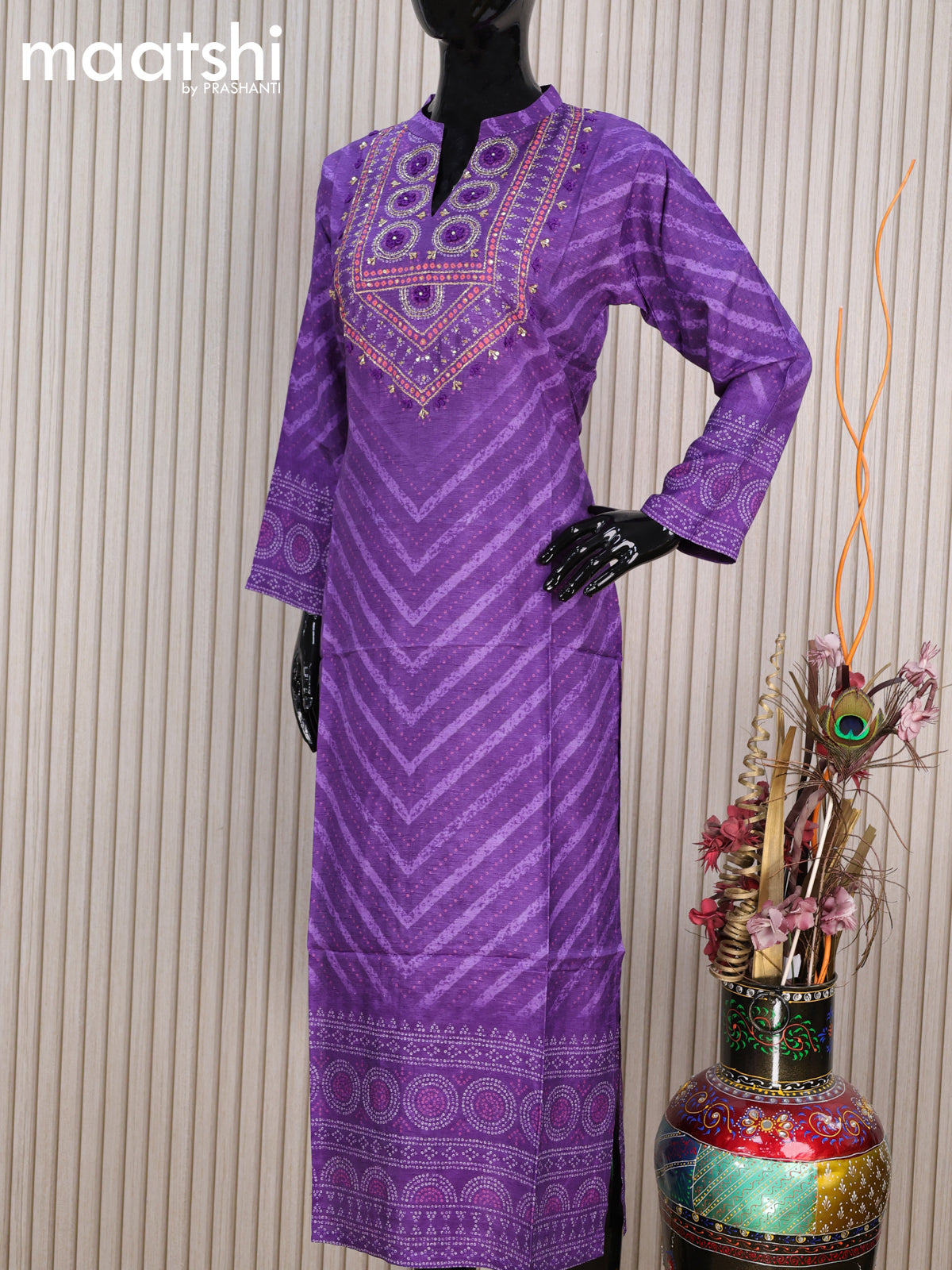 Pure muslin silk readymade kurti violet with allover bandhani prints Maatshi