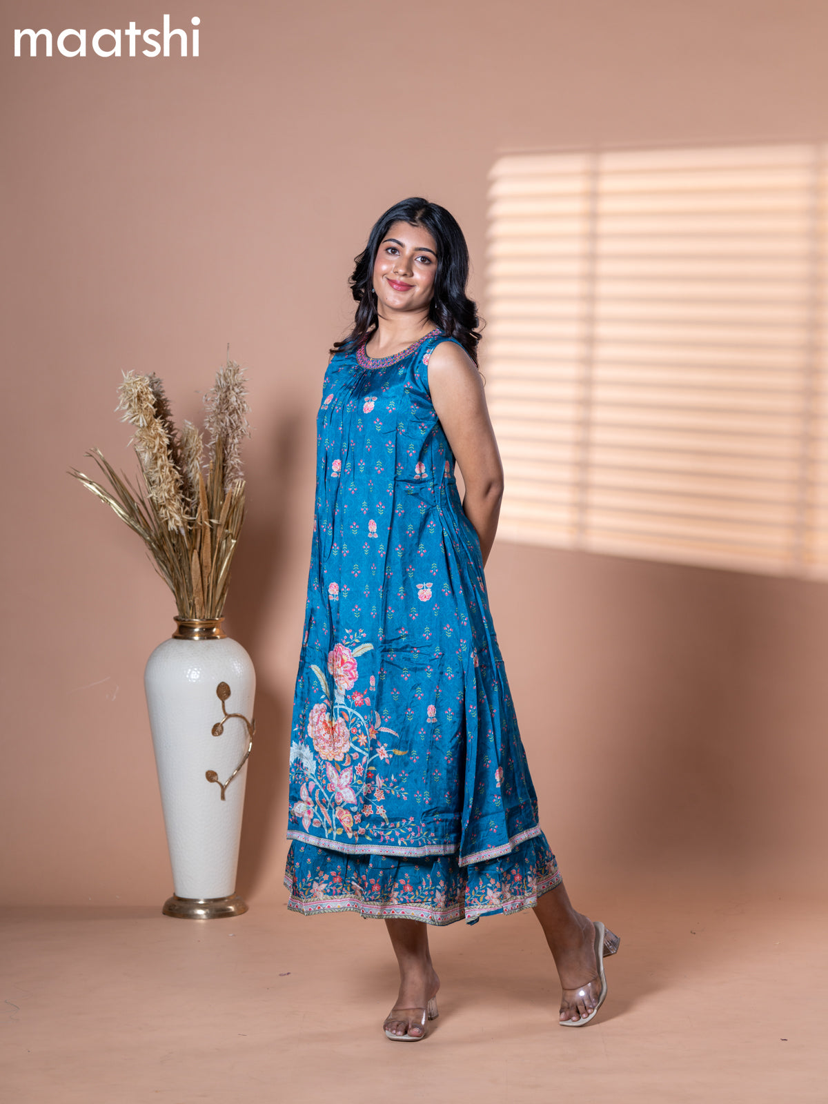 Muslin dress blue shade with allover floral prints & embroidery neck pattern and without pant & sleeve attached