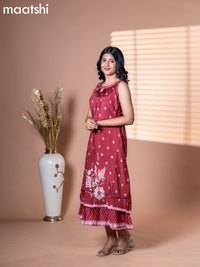 Cotton dress maroon with allover floral prints & embroidery neck pattern and without pant & sleeve attached