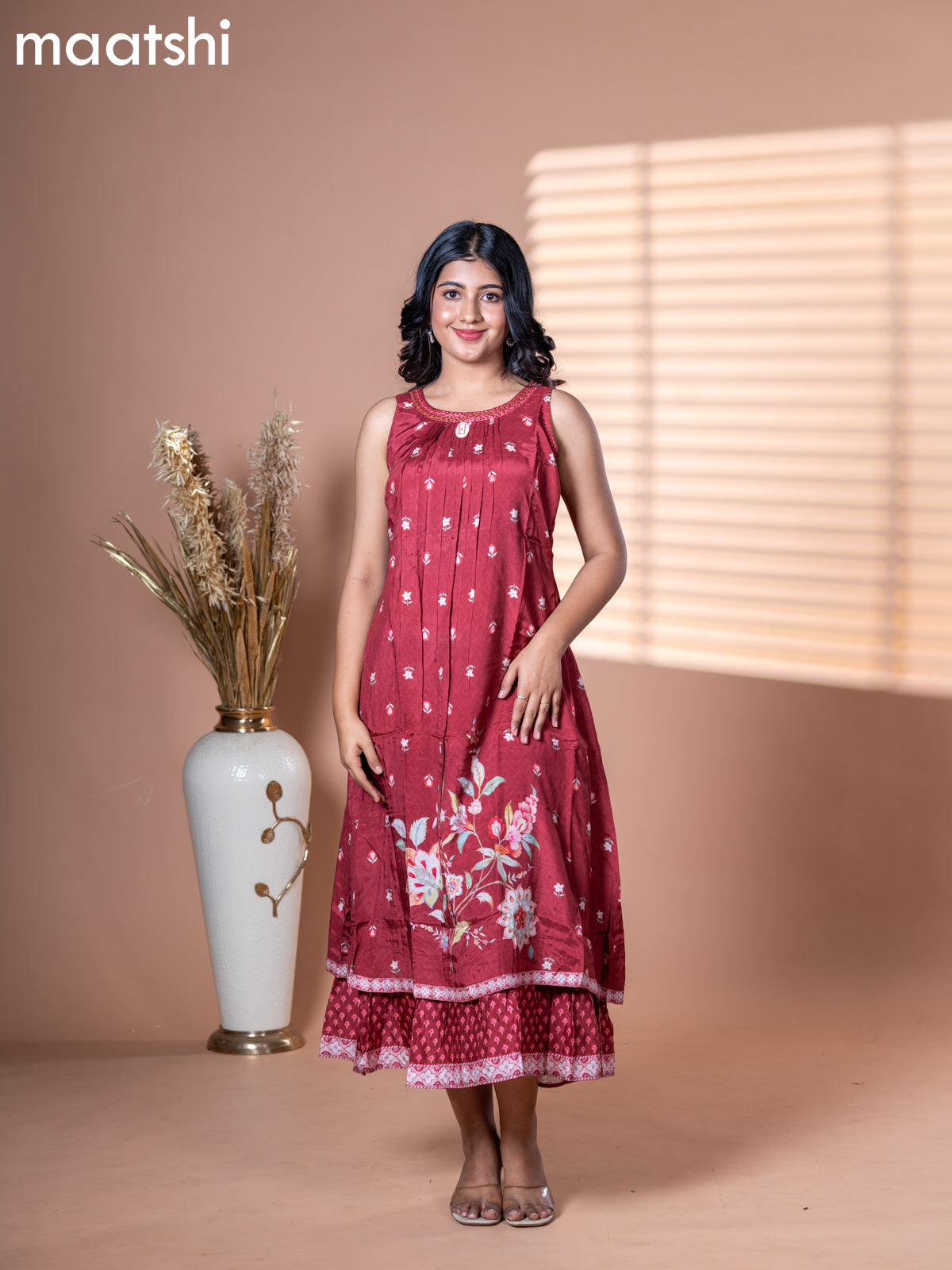 Cotton dress maroon with allover floral prints & embroidery neck pattern and without pant & sleeve attached