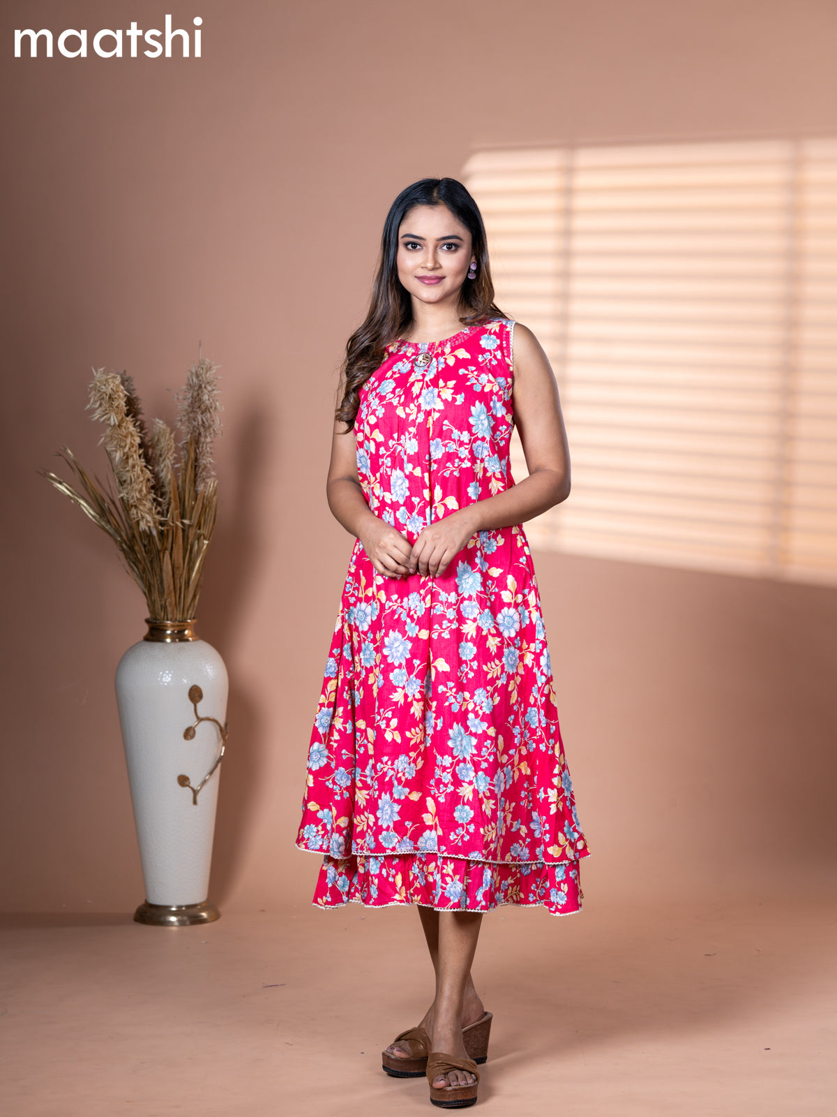 Muslin dress pink with allover floral prints & sequin work neck pattern and without pant & sleeve attached