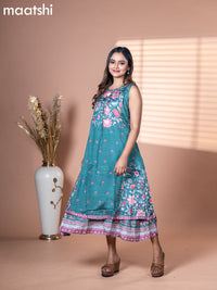 Muslin dress green shade with allover floral prints & sequin work neck pattern and without pant & sleeve attached