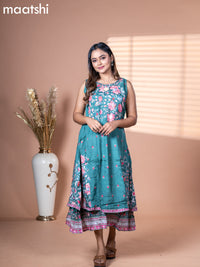 Muslin dress green shade with allover floral prints & sequin work neck pattern and without pant & sleeve attached