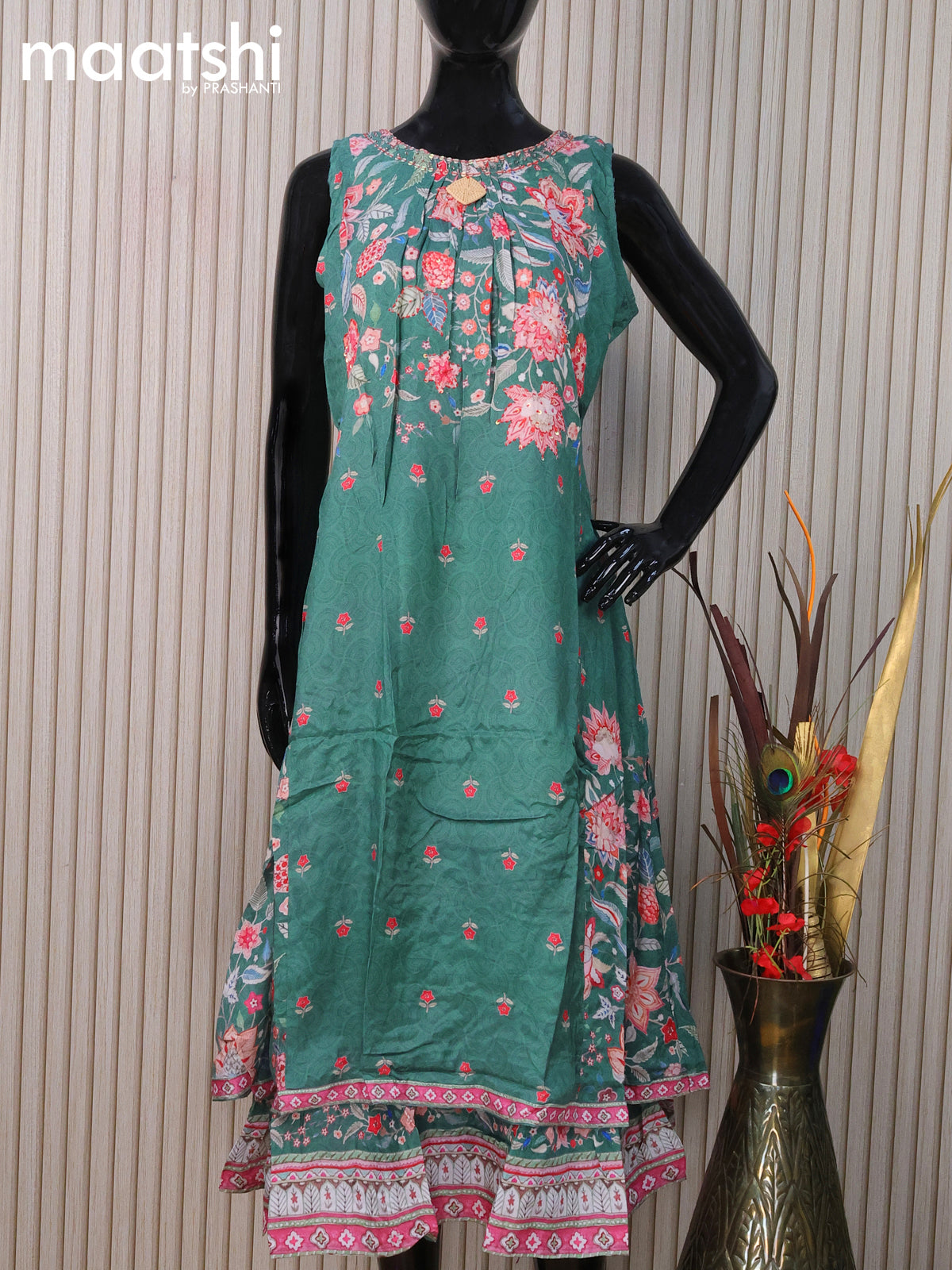 Muslin readymade kurti green shade  with allover floral prints & sequin work neck pattern and without pant & sleeve attached