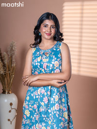 Cotton dress blue shade with allover floral prints & embroidery neck pattern and without pant & sleeve attached