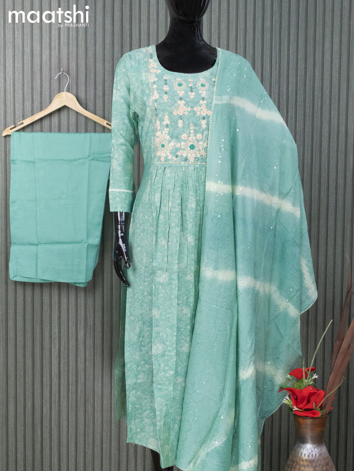 Modal readymade naira cut salwar suits teal green shade teal blue with allover prints & embroidery work neck pattern and staraight cut pant & sequin work dupatta