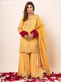 Cotton readymade anarkali salwar suits mustard yellow  with allover prints embroidery work & potli bag and sharara pant & kota printed dupatta