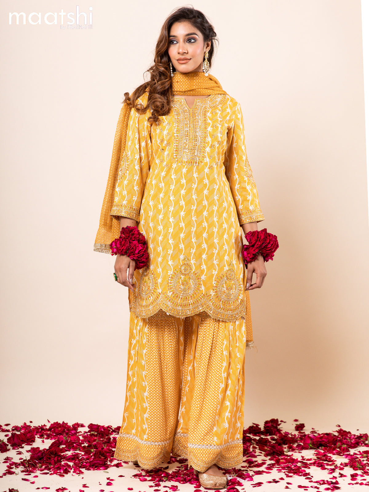 Cotton readymade anarkali salwar suits mustard yellow  with allover prints embroidery work & potli bag and sharara pant & kota printed dupatta