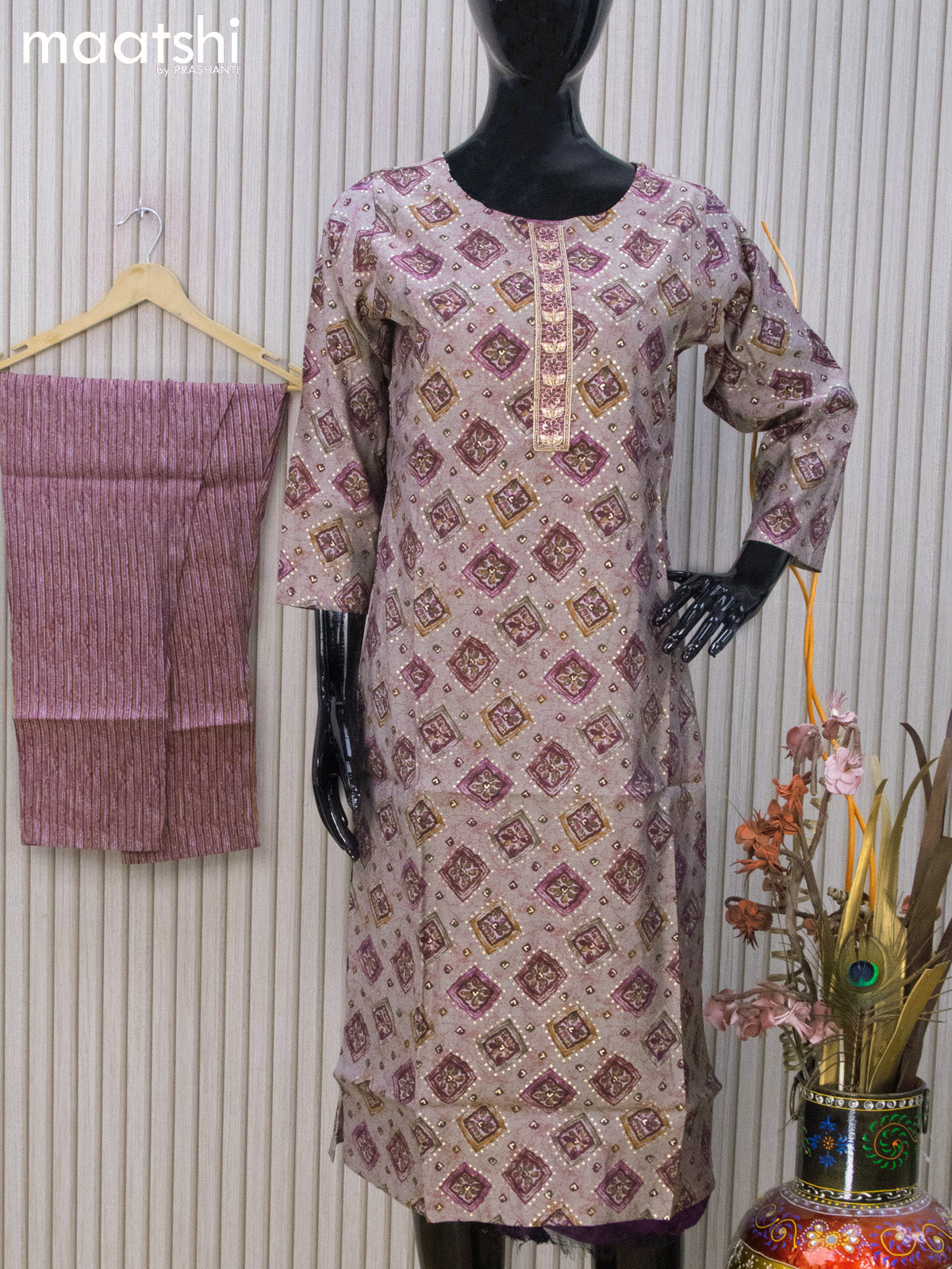 Modal readymade kurti set grey shade and purple shade with batik butta prints & embroidery work neck pattern and straight cut pant