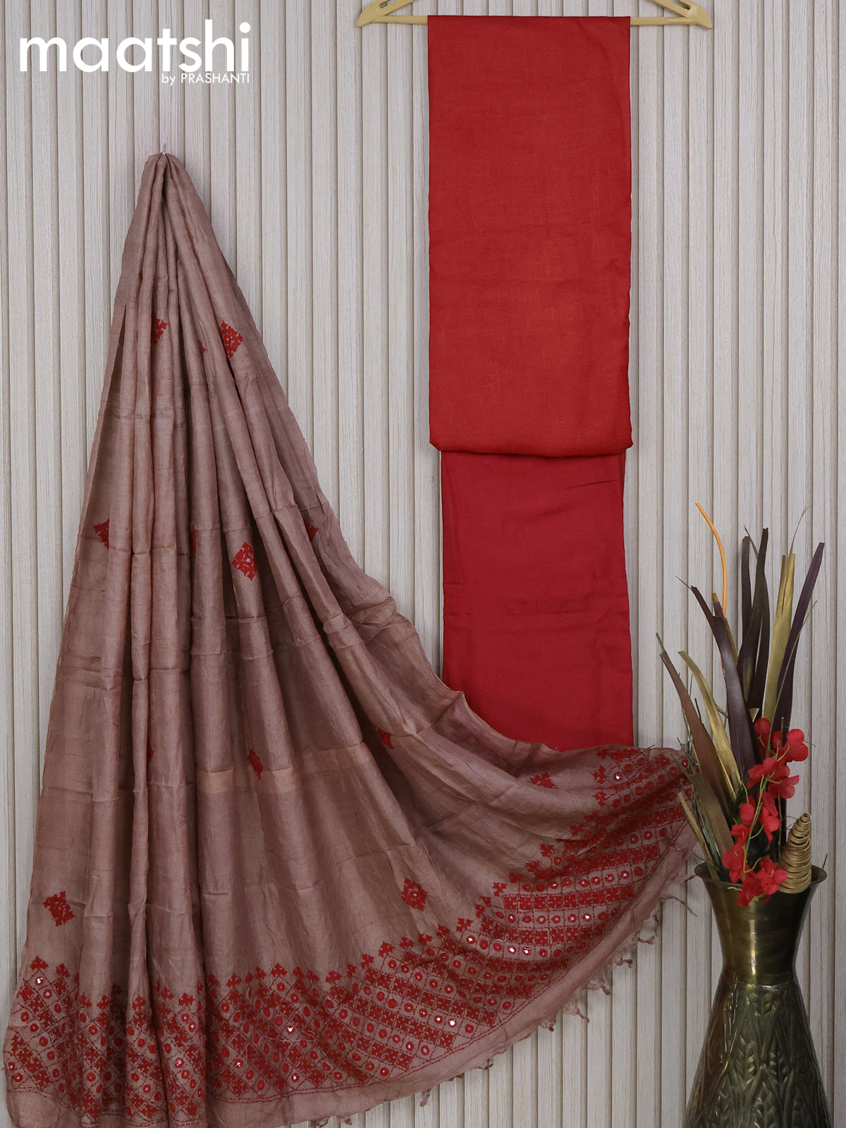 Pure tussar silk dress material red  with plain body and bottom & embroidery work dupatta