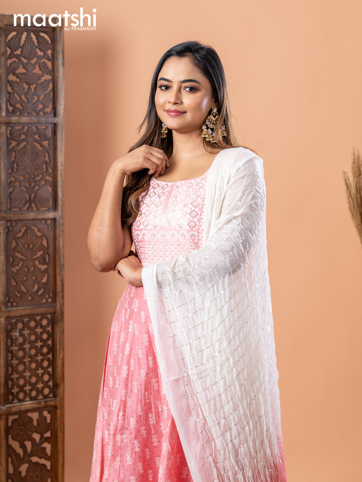 Raw silk anarkali salwar suit light pink with allover prints & sequin work neck pattern and straight cut pant & sequin work dupatta - sleeves attached