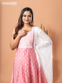 Raw silk anarkali salwar suit light pink with allover prints & sequin work neck pattern and straight cut pant & sequin work dupatta - sleeves attached