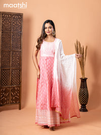 Raw silk anarkali salwar suit light pink with allover prints & sequin work neck pattern and straight cut pant & sequin work dupatta - sleeves attached