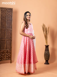 Raw silk anarkali salwar suit light pink with allover prints & sequin work neck pattern and straight cut pant & sequin work dupatta - sleeves attached