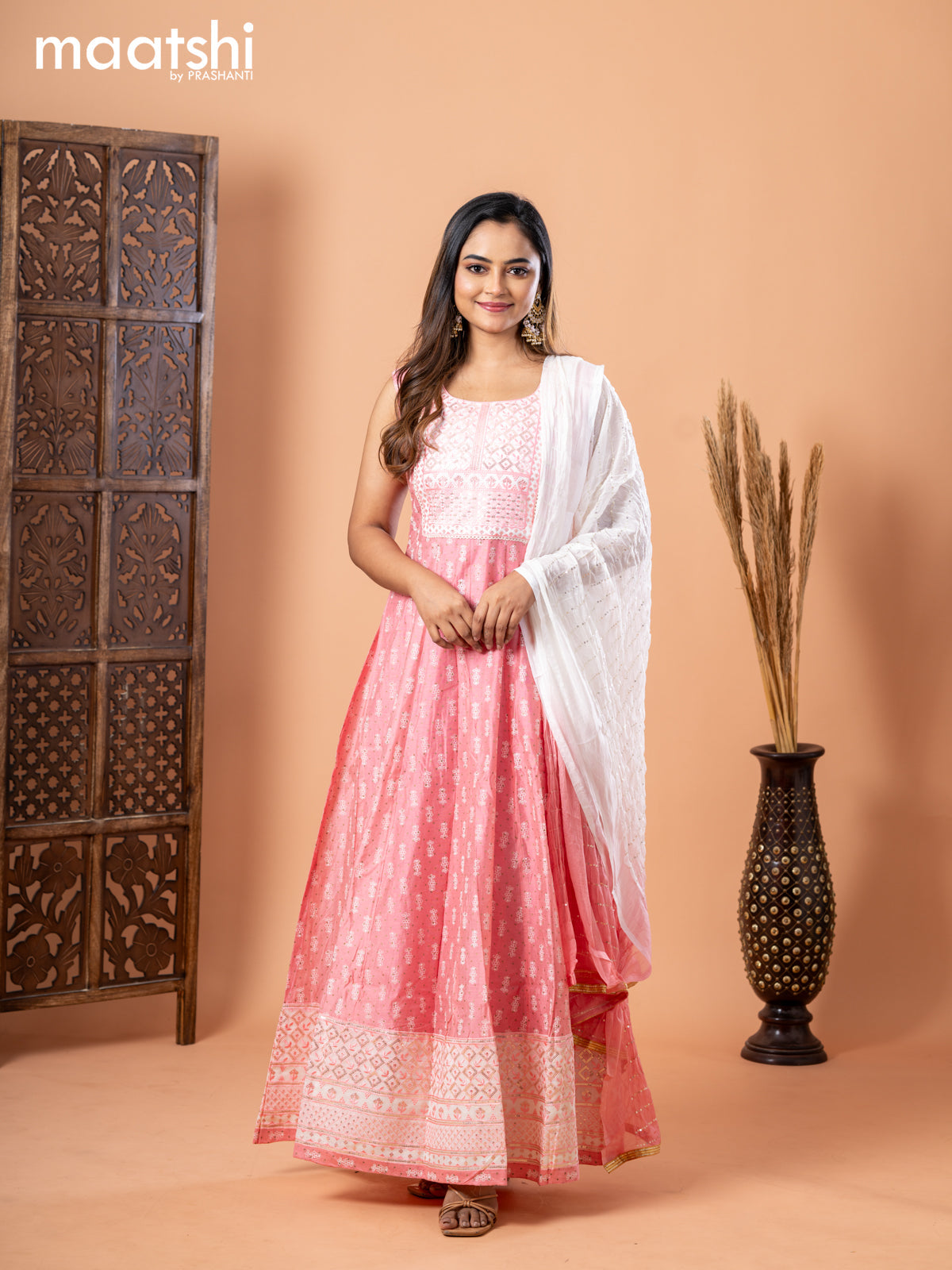 Raw silk anarkali salwar suit light pink with allover prints & sequin work neck pattern and straight cut pant & sequin work dupatta - sleeves attached