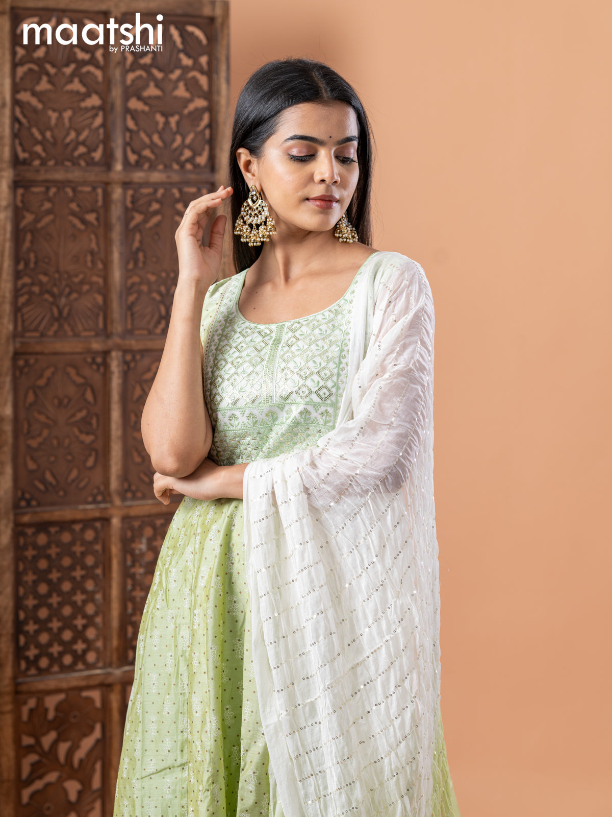 Raw silk anarkali salwar suit pista green with allover prints & sequin work neck pattern and straight cut pant & sequin work dupatta - sleeves attached