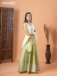 Raw silk anarkali salwar suit pista green with allover prints & sequin work neck pattern and straight cut pant & sequin work dupatta - sleeves attached