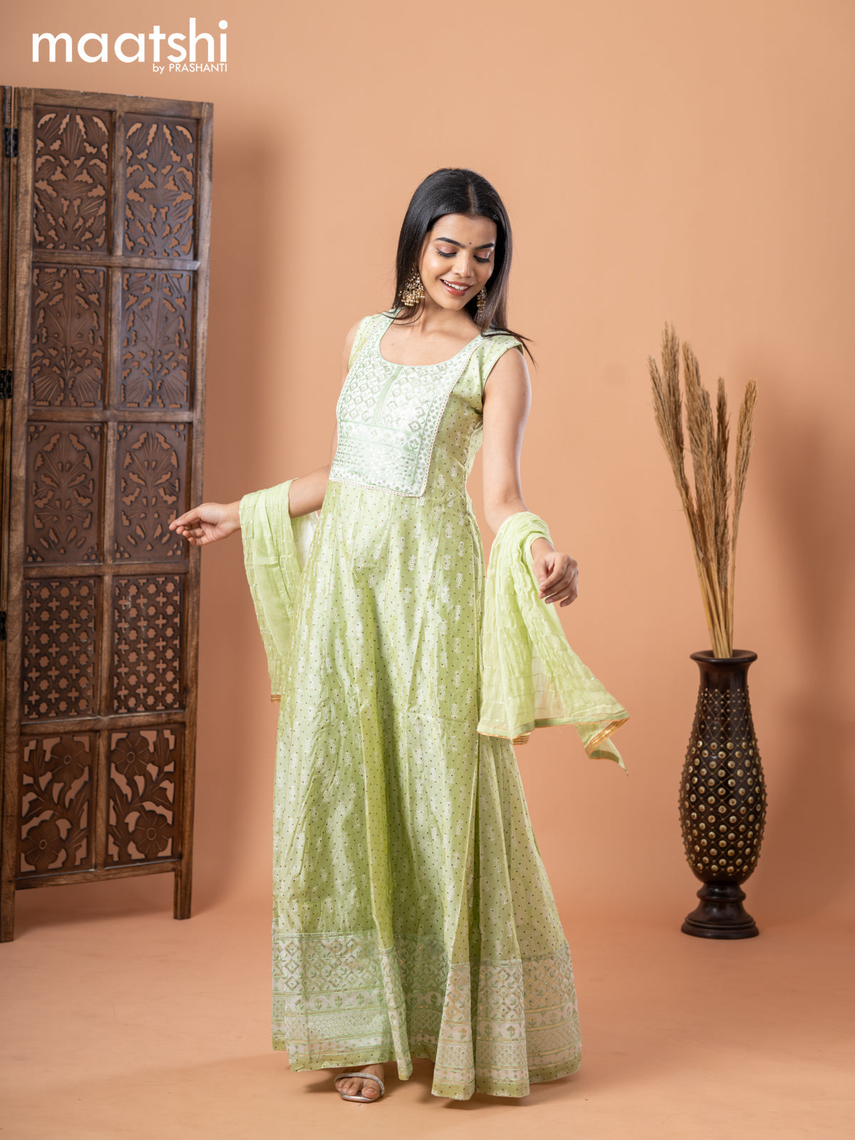 Raw silk anarkali salwar suit pista green with allover prints & sequin work neck pattern and straight cut pant & sequin work dupatta - sleeves attached