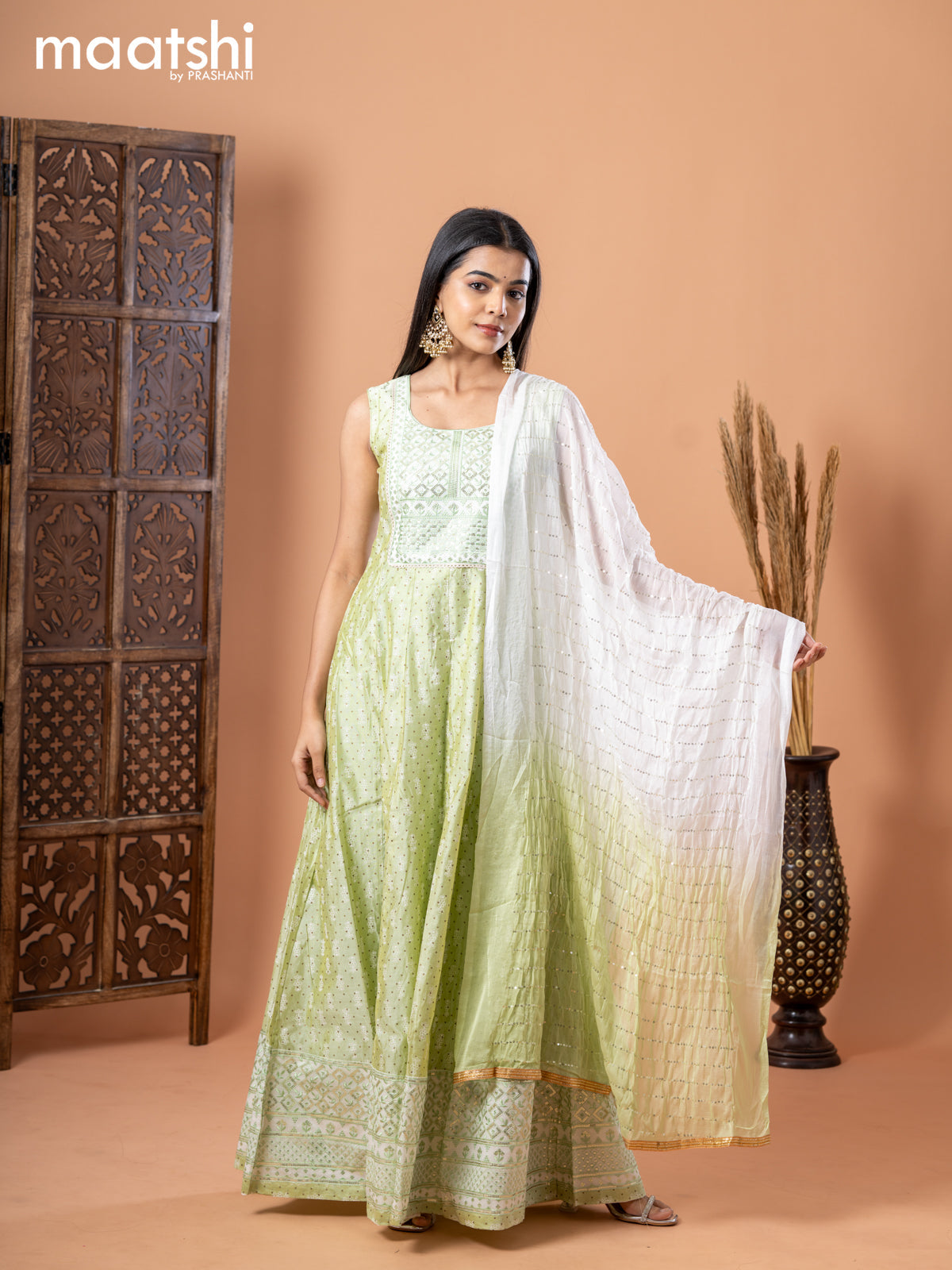 Raw silk anarkali salwar suit pista green with allover prints & sequin work neck pattern and straight cut pant & sequin work dupatta - sleeves attached