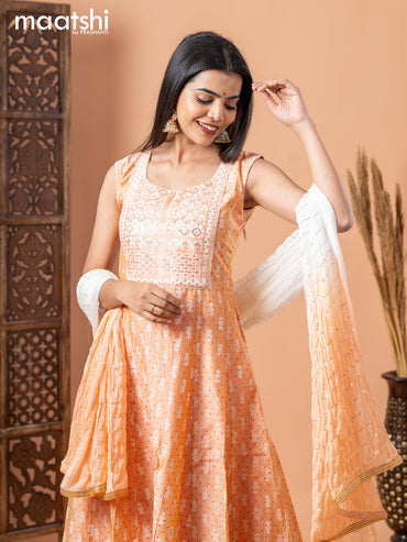 Raw silk anarkali salwar suit pale orange with allover prints & sequin work neck pattern and straight cut pant & sequin work dupatta - sleeves attached