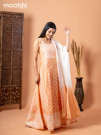 Raw silk anarkali salwar suit pale orange with allover prints & sequin work neck pattern and straight cut pant & sequin work dupatta - sleeves attached