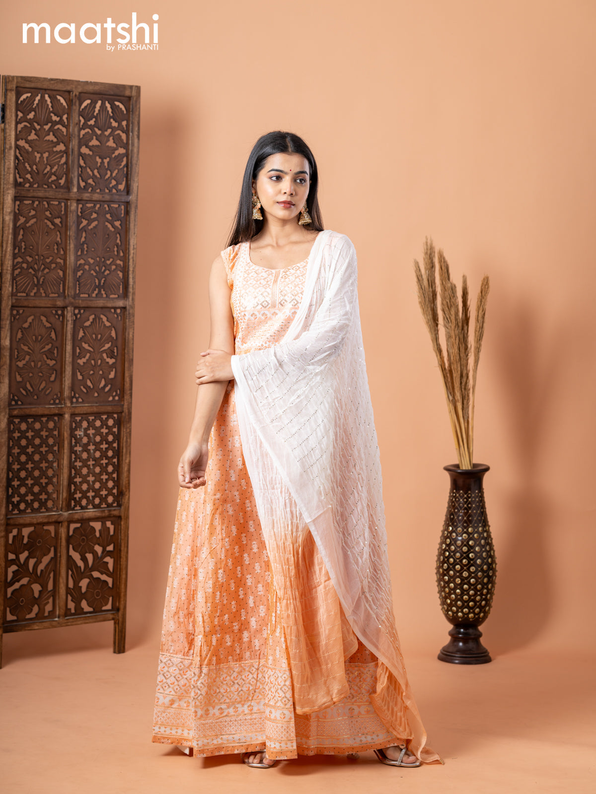 Raw silk anarkali salwar suit pale orange with allover prints & sequin work neck pattern and straight cut pant & sequin work dupatta - sleeves attached