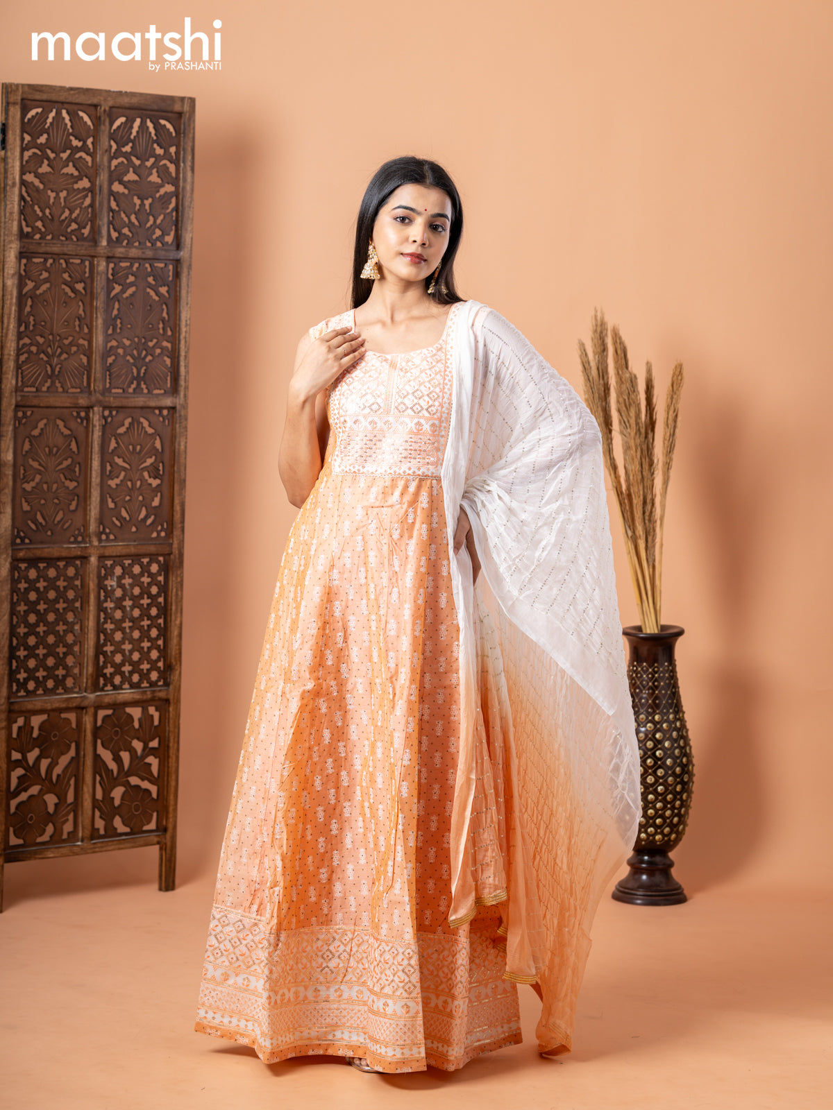 Raw silk anarkali salwar suit pale orange with allover prints & sequin work neck pattern and straight cut pant & sequin work dupatta - sleeves attached