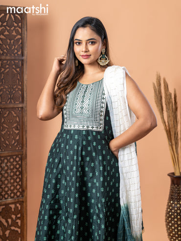 Chanderi anarkali salwar suit bottle green with butta prints & sequin work neck pattern and straight cut pant & sequin work dupatta - sleeves attached