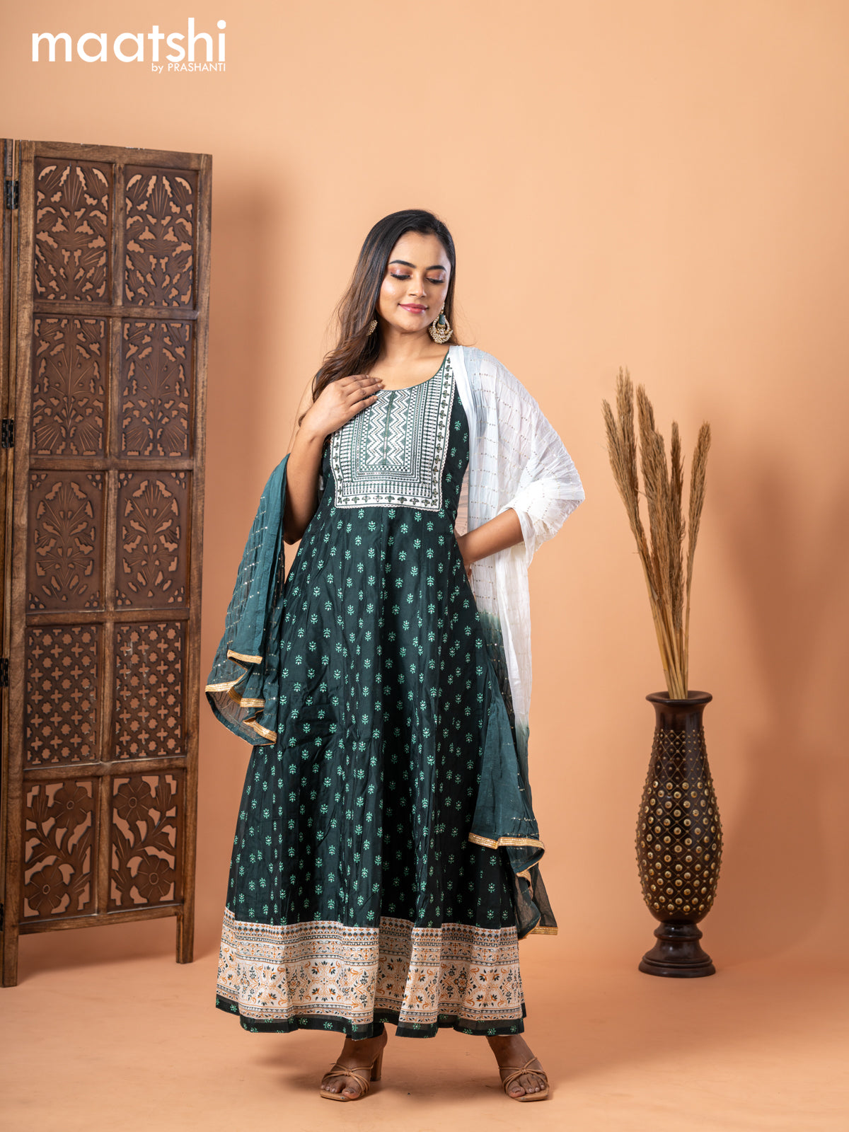 Chanderi anarkali salwar suit bottle green with butta prints & sequin work neck pattern and straight cut pant & sequin work dupatta - sleeves attached