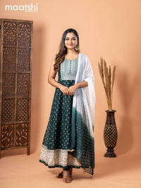 Chanderi anarkali salwar suit bottle green with butta prints & sequin work neck pattern and straight cut pant & sequin work dupatta - sleeves attached