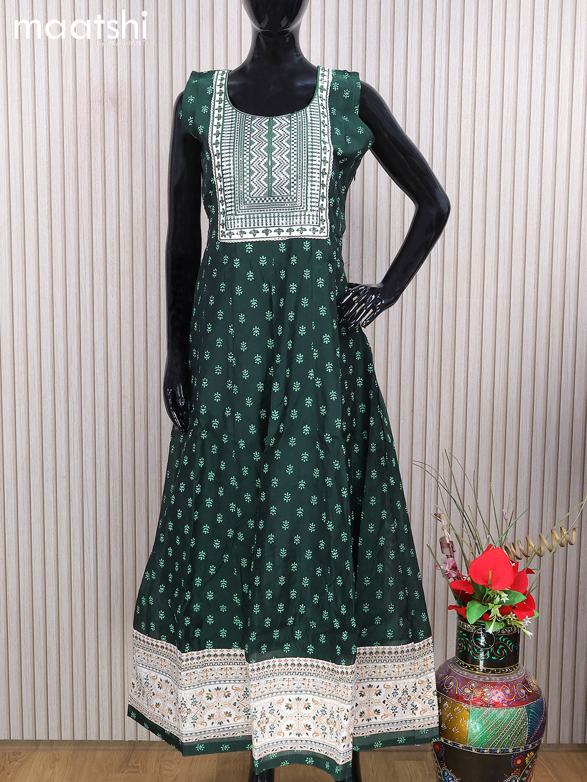 Chanderi readymade anarkali salwar suits bottle green with butta prints & sequin work neck pattern and straight cut pant & sequin work dupatta - sleeves attached