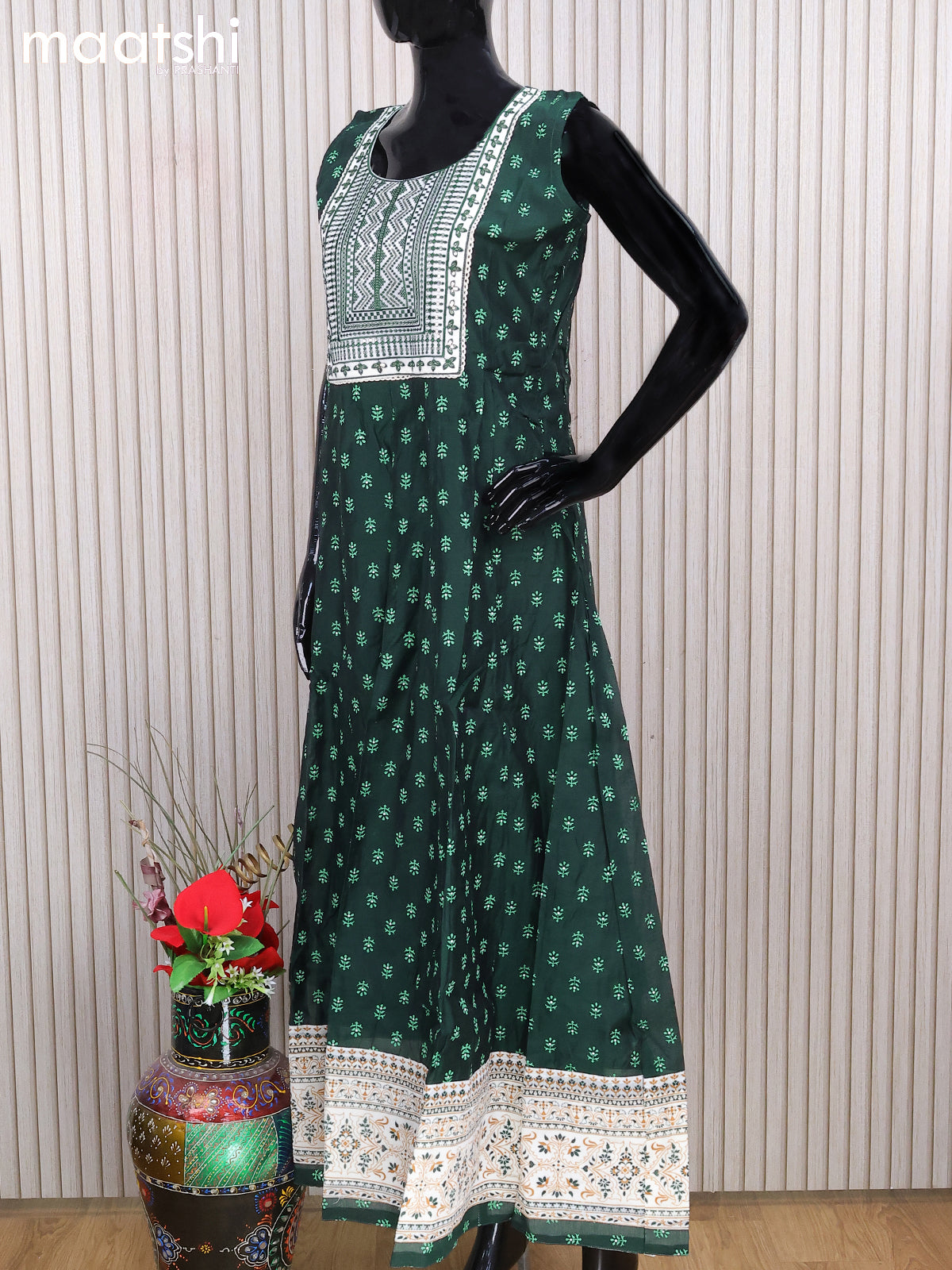 Chanderi readymade anarkali salwar suits bottle green with butta prints & sequin work neck pattern and straight cut pant & sequin work dupatta - sleeves attached