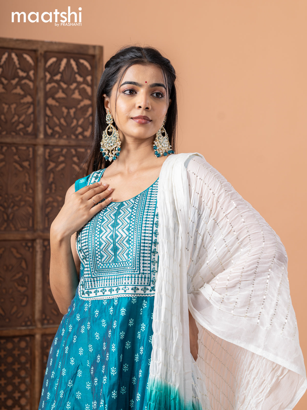 Chanderi anarkali salwar suit teal blue with butta prints & sequin work neck pattern and straight cut pant & sequin work dupatta - sleeves attached