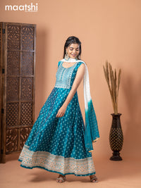 Chanderi anarkali salwar suit teal blue with butta prints & sequin work neck pattern and straight cut pant & sequin work dupatta - sleeves attached