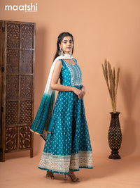 Chanderi anarkali salwar suit teal blue with butta prints & sequin work neck pattern and straight cut pant & sequin work dupatta - sleeves attached