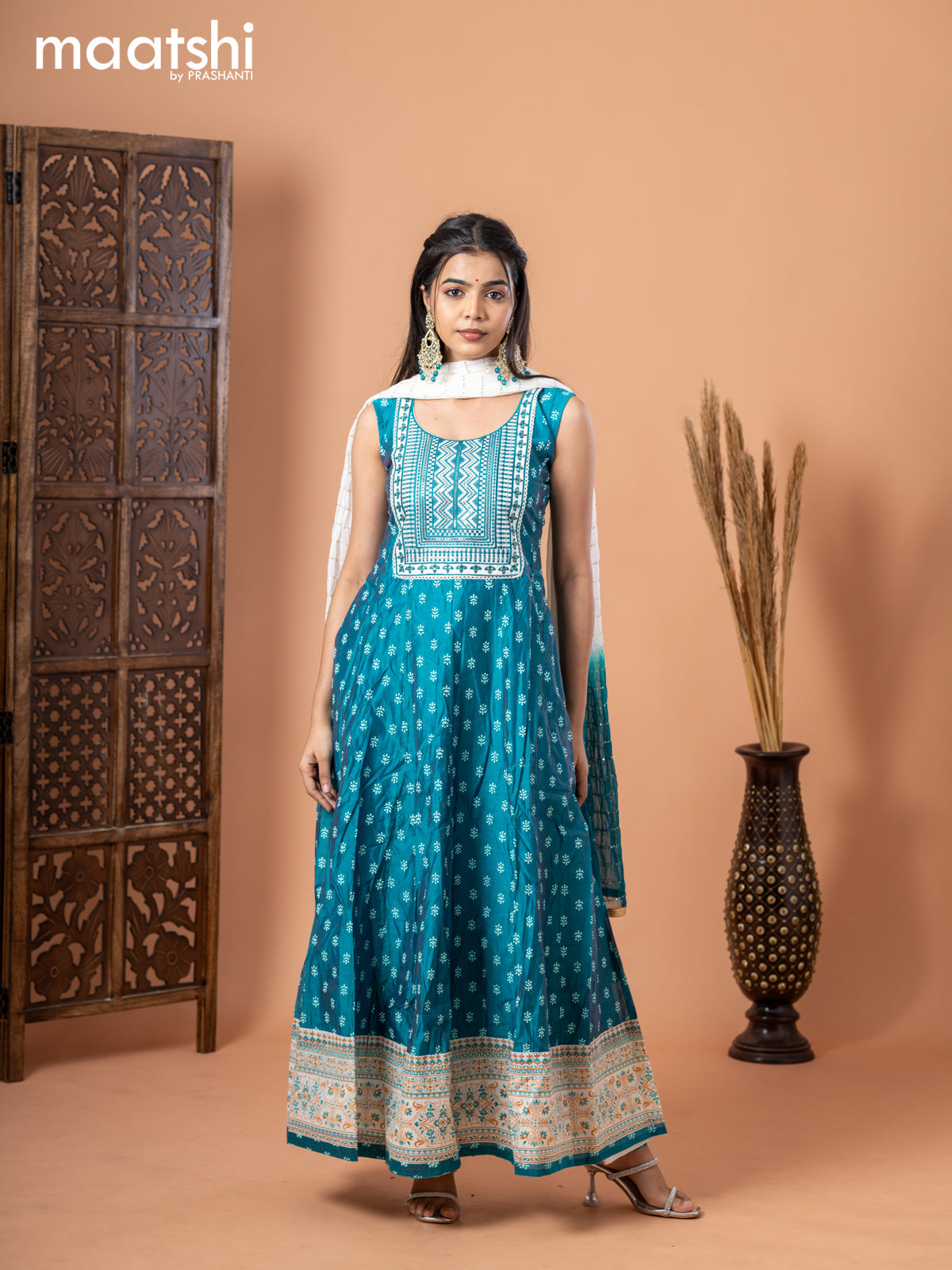 Chanderi anarkali salwar suit teal blue with butta prints & sequin work neck pattern and straight cut pant & sequin work dupatta - sleeves attached