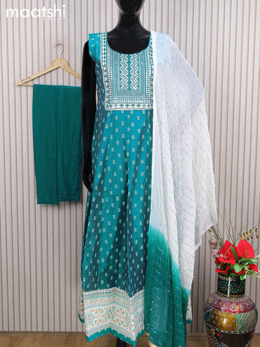 Chanderi readymade anarkali salwar suits teal blue with butta prints & sequin work neck pattern and straight cut pant & sequin work dupatta - sleeves attached